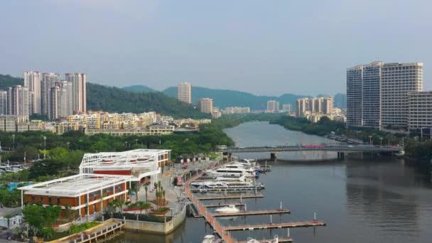 Aerial Panorama River Traffic Dock Sanya City Daytime Hainan Island — Vídeo de Stock