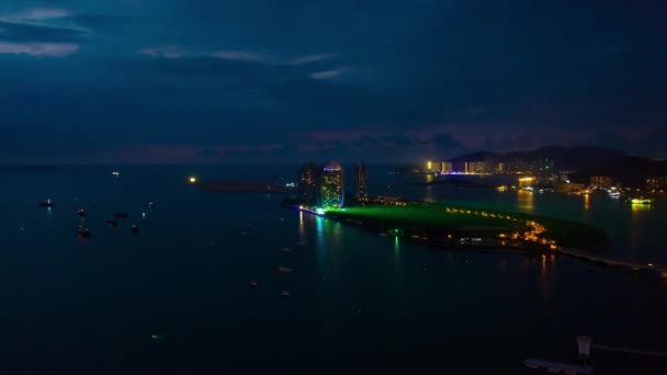 Aerial Panorama Illuminated Sanya Bay Nighttime China Time Lapse — Vídeo de Stock