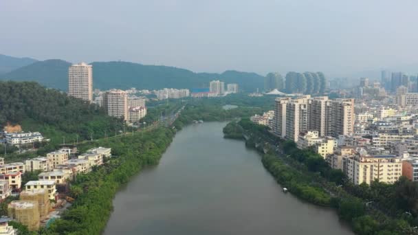 Aerial Panorama Riverside Bay Sanya City Sunset Time Hainan Island — 图库视频影像