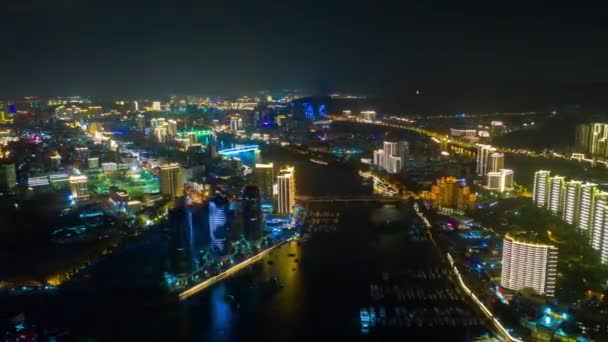 Aerial Panorama Illuminated Sanya Bay Nighttime China Time Lapse — Stock video