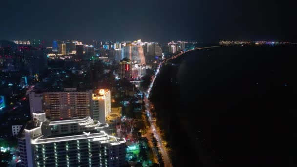 Aerial Panorama Night Time Illumination Sanya City Hainan Island China — 图库视频影像