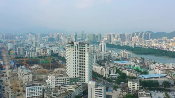 Aerial panorama of Sanya city at sunny day, 4k. Hainan island, China