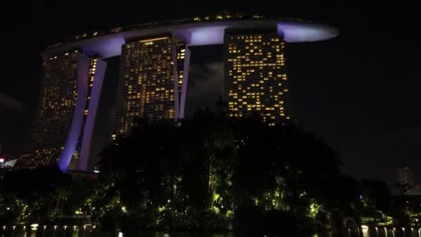 Ночной Освещенный Знаменитый Singapore Город Известный Отель Видом Сад Timelapse — стоковое видео