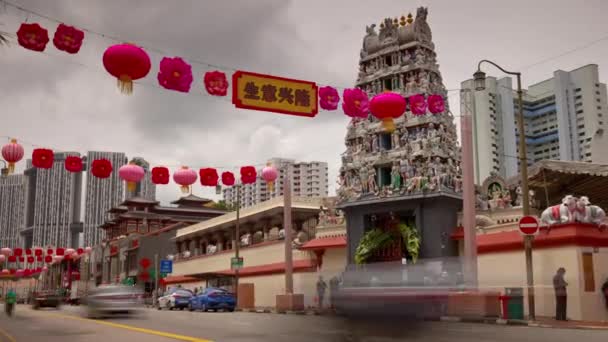 Singapore Cidade Dia Tempo Centro Famoso Templo Frente Rua Vista — Vídeo de Stock