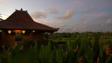 sunset sky bali island changgu district rice terrace field cozy restaurant house panorama 4k indonesia