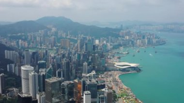 Victoria limanının gündüz manzaralı panoraması, 4k, Hong Kong