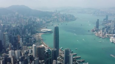 Victoria limanının gündüz manzaralı panoraması, 4k, Hong Kong