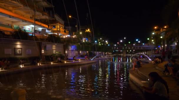 Bali Island Night Time Famous Denpasar City Riverside Romantic Promenade — Stock video