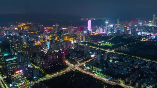 Noite Iluminada Cidade Shenzhen Paisagem Aérea Panorâmica Tilt Shift Timelapse — Vídeo de Stock