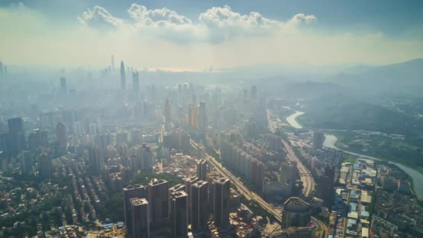 Sonniger Tag Shenzhen Stadtbild Hongkong Grenze Flussufer Antenne Panorama Tilt — Stockvideo