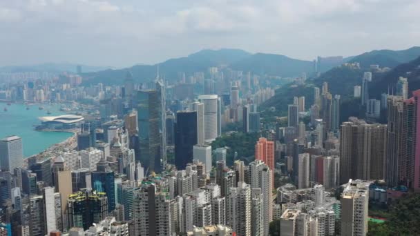 Letecké Panorama Přístavu Victoria Městskou Krajinou Dne Hong Kong — Stock video