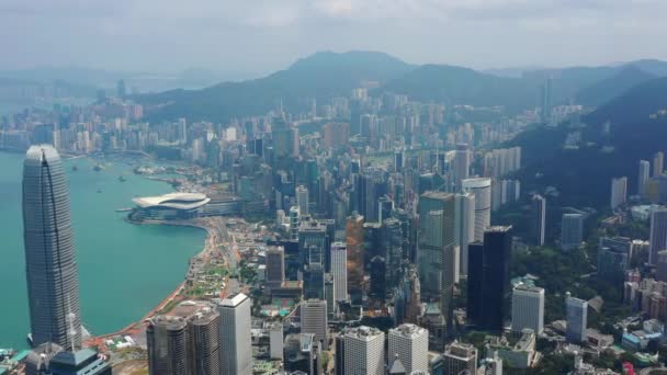 Luftaufnahme Des Hafens Von Victoria Mit Stadtbild Bei Tag Hongkong — Stockvideo