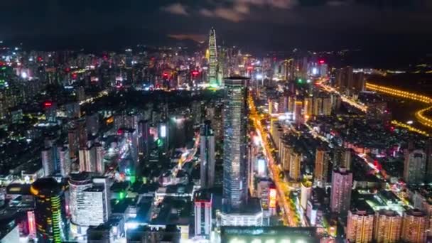 Night Illuminated Famous Shenzhen City Downtown Aerial Panoramic Tilt Shift — Stock Video