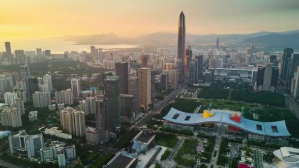 Shenzhen Stadsgezicht Kk100 Gebouw Zonsondergang Hemel Centrum Stadhuis Luchtfoto Panoramisch — Stockvideo