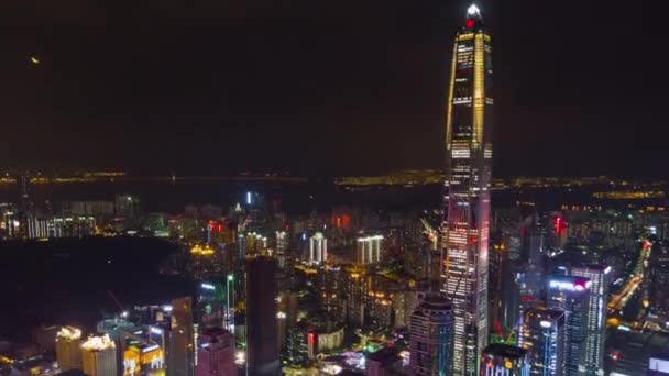 Noční Osvětlení Shenzhen Cityscape Centrum Kk100 Budova Letecké Panoramatické Náklonu — Stock video