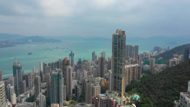 Εναέρια Πανόραμα Του Λιμανιού Της Βικτώριας Cityscape Την Ημέρα Χονγκ — Αρχείο Βίντεο