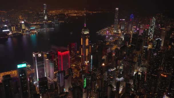 Воздушная Панорама Освещенного Города Гонконг Ночь — стоковое видео