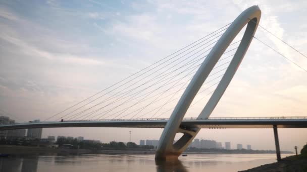 Beroemde Voetgangersbrug Met Rivieroever Bij Nanjing Stad China — Stockvideo