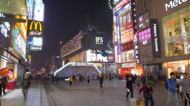 Night Time Illuminated Changsha City Downtown Famous Pedestrian Street Metro — Stock Video