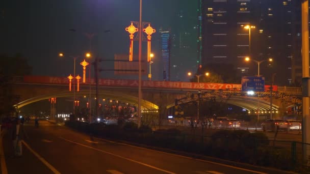 Night Time Illumination Changsha City Center Traffic Bridge Street Panorama — Stock Video