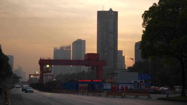 Solnedgång Tid Hangzhou Stad Trafik Gata Väg Slow Motion Panorama — Stockvideo