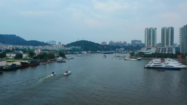 Aerial Panorama Famous Sanya Town Harbor Hainan Island Evening Time — Stock Video