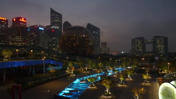 Solnedgång Natt Belysning Hangzhou Stad Centrum Berömd Modern Park Torget — Stockvideo