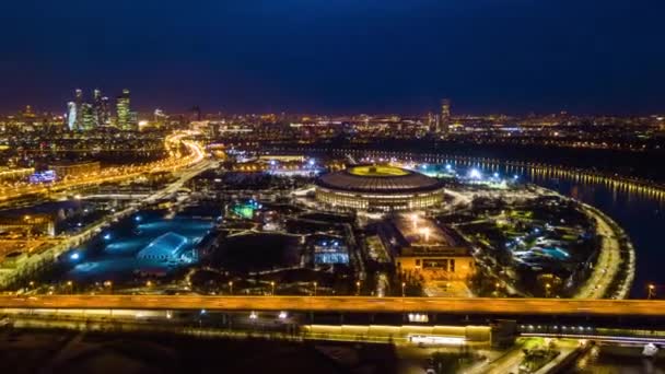 Natt Upplyst Moskva Stadstrafik Gator Antenn Stadsbild Panorama Ryssland — Stockvideo