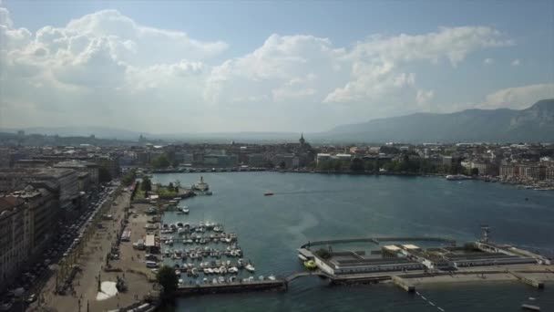 Légi Panoráma Genf Tóparti Öböl Városkép Napsütéses Napon Svájc — Stock videók