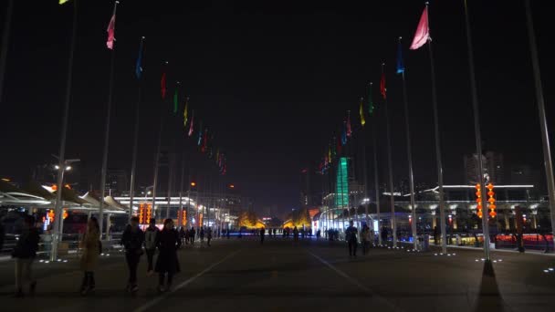 Ночное Время Циндао Город Знаменитый Олимпийский Залив Ходьба Пирс Панорама — стоковое видео
