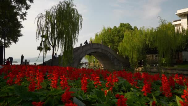 晴れた日の時間杭州市有名な湖畔歩行者橋赤花スローモーションパノラマ4K中国 — ストック動画