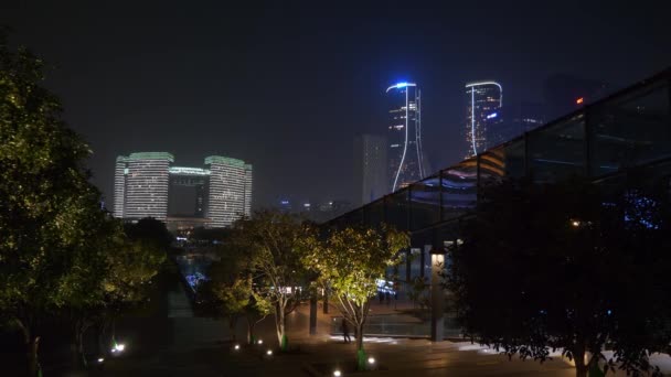 Hangzhou Stad Centrum Nattetid Upplyst Berömda Moderna Byggnader Square Top — Stockvideo