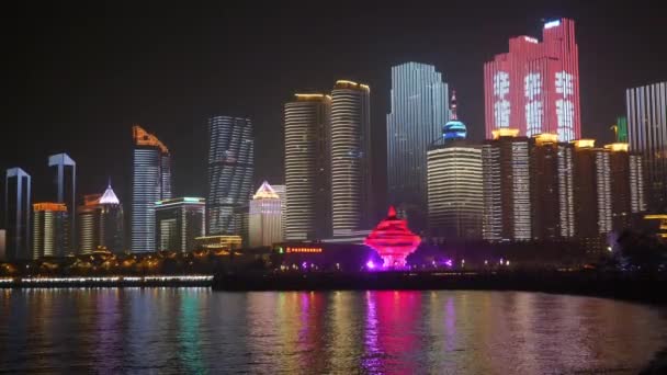 Qingdao City Downtown Illumination Show Walking Bay Panorama China — Stock Video