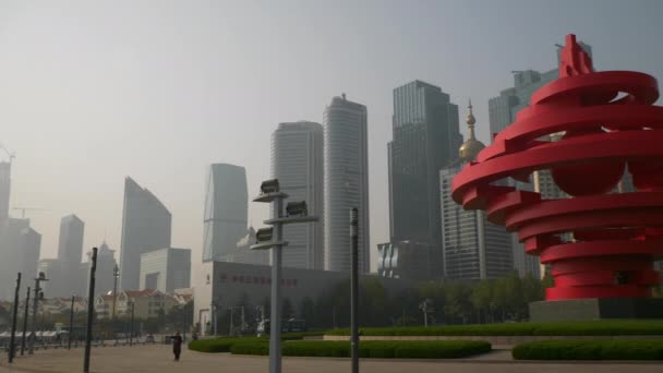 Qingdao Město Centru Slunečného Dne Slavné Olympijské Chůze Bay Panorama — Stock video