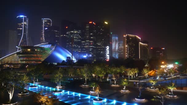 Hangzhou Stad Centrum Nattetid Belyst Berömda Grand Theater Park Square — Stockvideo