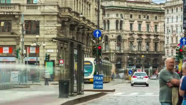 Time Lapse Panorama Pouliční Dopravy Tramvají Miláně Itálie — Stock video