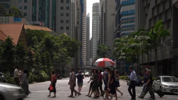 Singapore Stad Centrum Dag Tijd Verkeer Straat Crosswalk Beroemde Voedsel — Stockvideo