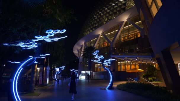 Iluminação Noturna Singapore Cidade Famoso Teatro Andando Baía Panorama — Vídeo de Stock