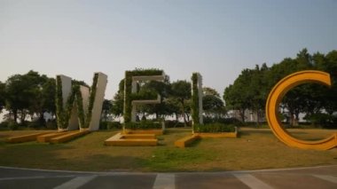 foshan ünlü modern şehir kültür merkezi park dekorasyonu yavaş çekim panorama 4k porselen