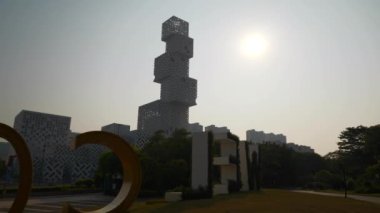 foshan ünlü modern şehir kültür merkezi park dekorasyonu yavaş çekim panorama 4k porselen