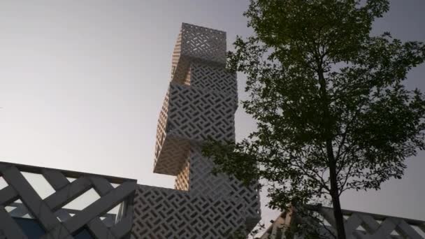 Foshan Modern New City Cultural Center Sunset Front View Slow — Stock Video