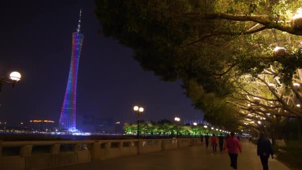 Illuminazione Notturna Guangzhou Città Famoso Lungofiume Affollato Piedi Baia Torre — Video Stock