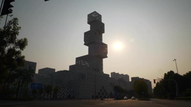 Foshan Famoso Moderno Nova Cidade Cultural Centro Pôr Sol Luz — Vídeo de Stock