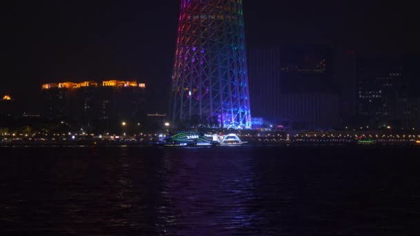 Noční Osvětlení Guangzhou Město Slavné Riverside Dopravní Záliv Věž Panorama — Stock video