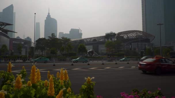 Сонячний Смог Гуанчжоу Місто Центрі Сучасного Торгового Центру Панорама Вулиці — стокове відео