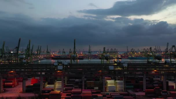 Sunset Time Singapore City World Famous Container Port Bay Aerial — Stock Video