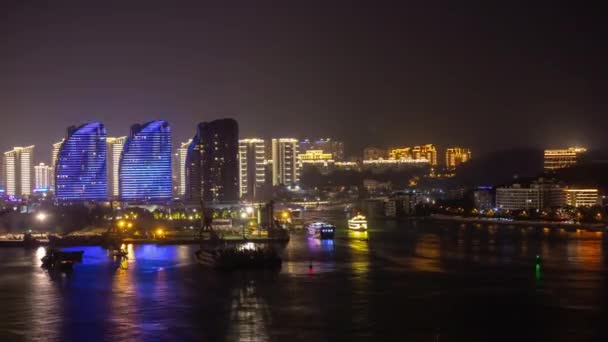 Санья Китай Октября 2018 Городская Бухта Санья Ночным Освещением Панорама — стоковое видео