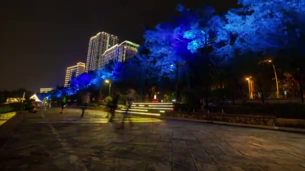 Nuit Illuminé Sanya Ville Rivière Promenade Baie Panorama Timelapse Hainan — Video