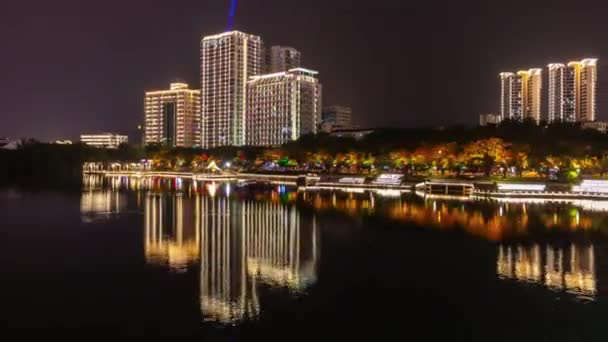 Sanya China Październik 2018 Nocne Oświetlenie Zatoki Miejskiej Sanya Panorama — Wideo stockowe