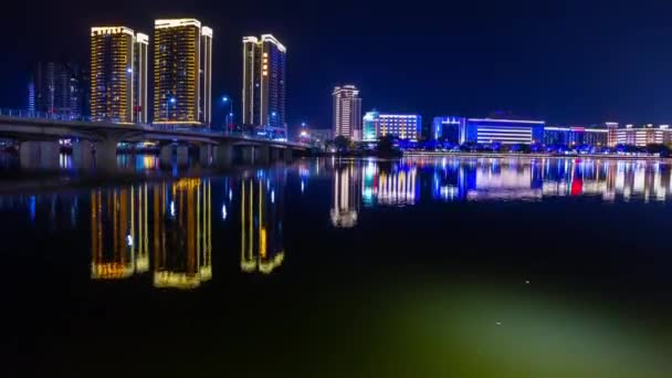 Sanya China Oktober 2018 Nacht Verlicht Sanya Stad Baai Boot — Stockvideo